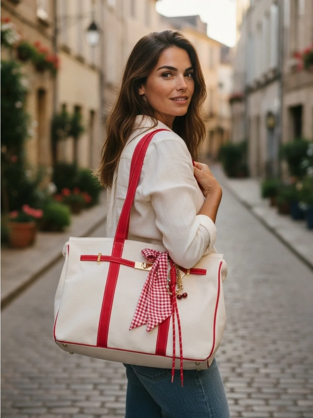 VIRAL Sol & Mer Red Canvas Tote with Scarf and Fruit Charms Vacation Style Bag - Picture 1 of 11